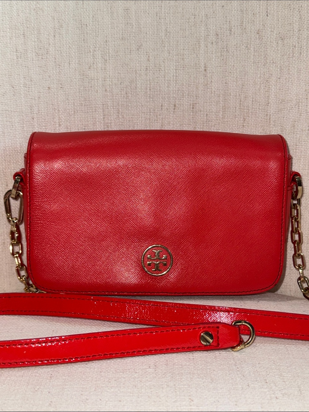 Tory Burch Orange Leather Logo Chain-Strap Crossbody